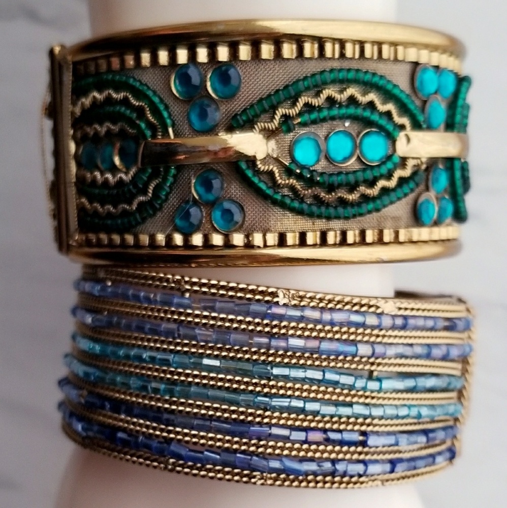 Boho Chic Rhinestone Bangle Lot Evil Eye + Glass
